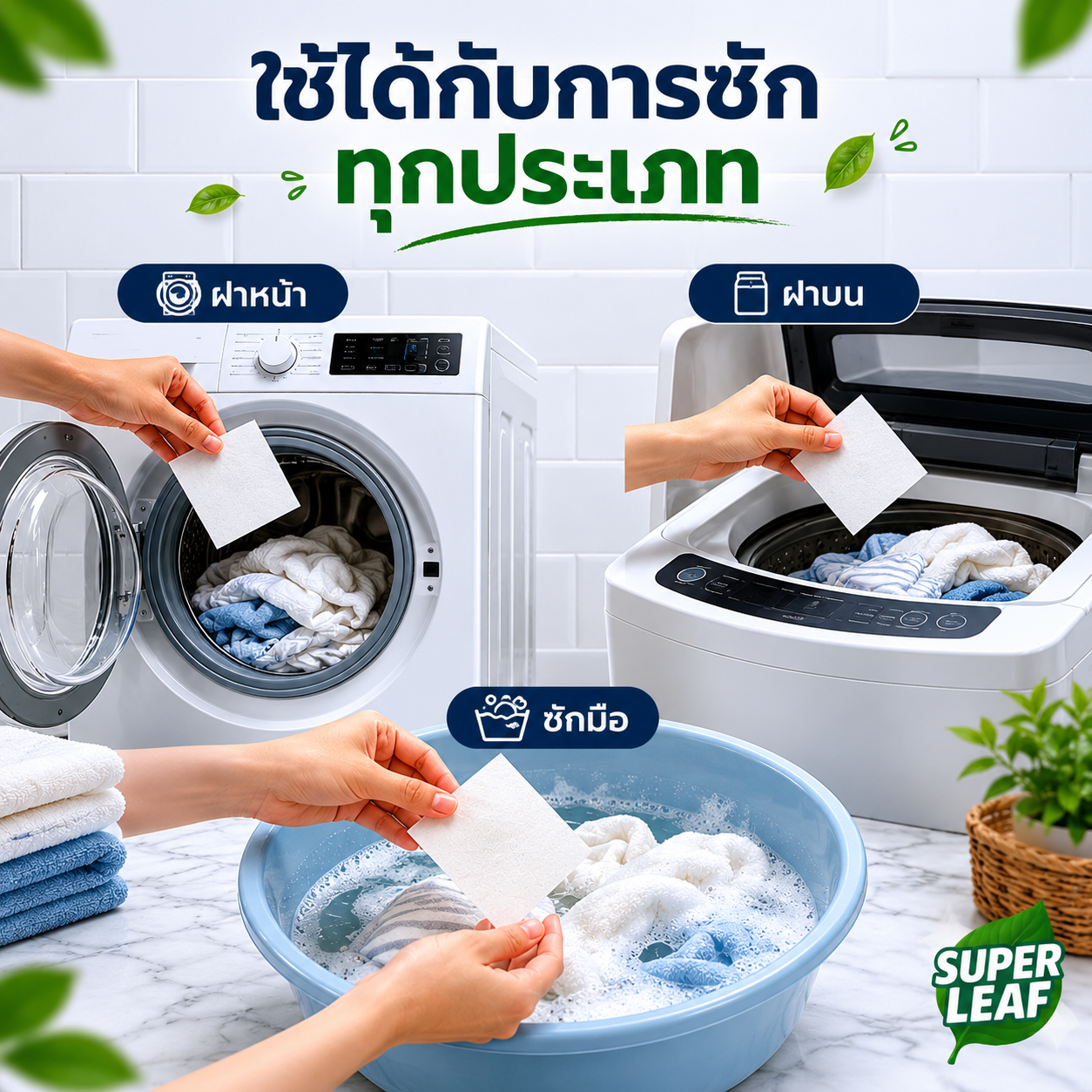 SUPER LEAF Eco Laundry Sheets 60 แผ่น | แผ่นซักผ้าสูตรย่อยสลายได้ กลิ่น Ocean Fresh ซักได้สูงสุด 120 ครั้ง