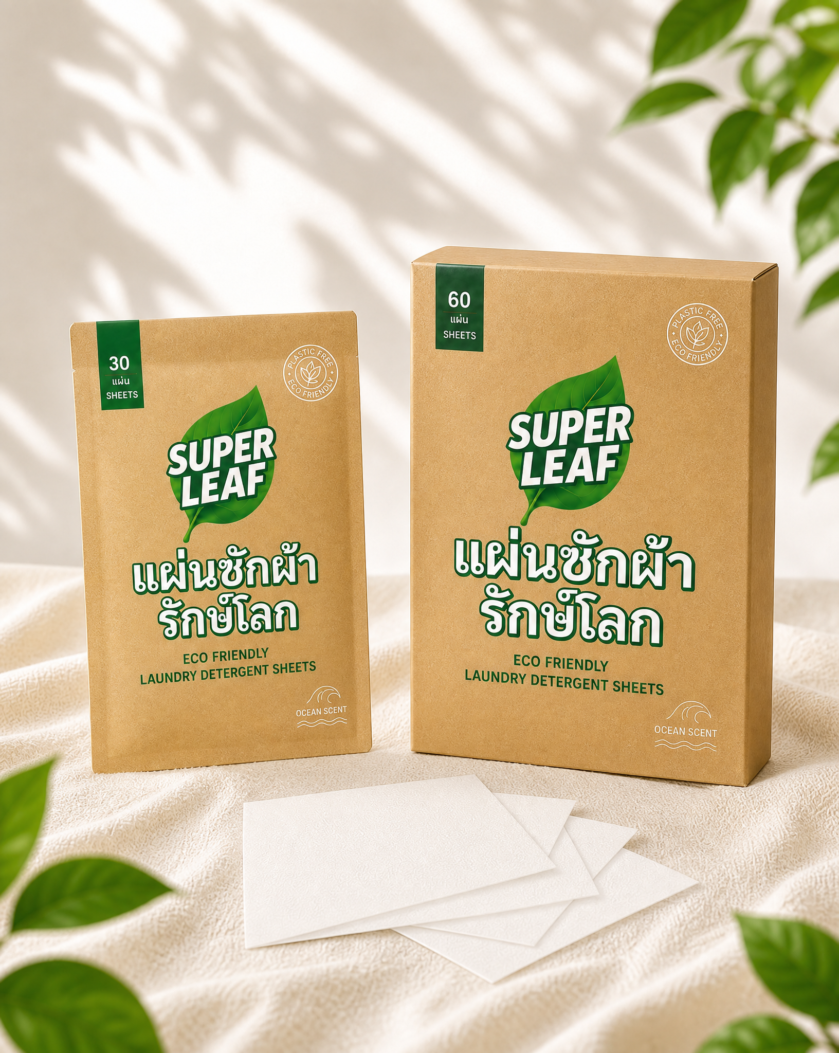SUPER LEAF แผ่นซักผ้ารักษ์โลก 1 ซอง + 1 กล่อง — 30-sheet envelope and 60-sheet box starter combo